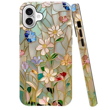 Imagem de Capa para iPhone 16, compatível com design de capa brilhante para meninas e mulheres, vitrais florais coloridos