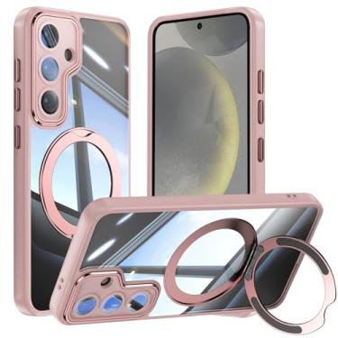 Imagem de Capa de telefone Vanki para Samsung Galaxy S24 compatível com magnético com suporte S24 capa magnética com suporte de anel de 360 graus para Samsung S24 capa transparente antiqueda (rosa)