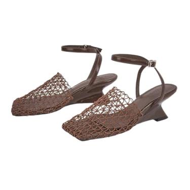 Imagem de Sandália feminina arrastão fechada com bico fechado salto bloco respirável malha trançada com fivela ajustável no tornozelo para verão praia casual elegante, Marrom, 35