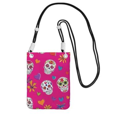 Imagem de LILYDIARY Bolsa transversal para celular para meninas e mulheres, alça preta, material de poliéster, alça de ombro ajustável e removível, estampa de caveira colorida