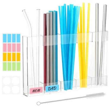 Imagem de FHUIEWRY Suporte de canudo de acrílico para armário, organizador de canudo reutilizável com fita adesiva dupla face e adesivos, recipiente de armazenamento de canudos para armário de balcão e cozinha