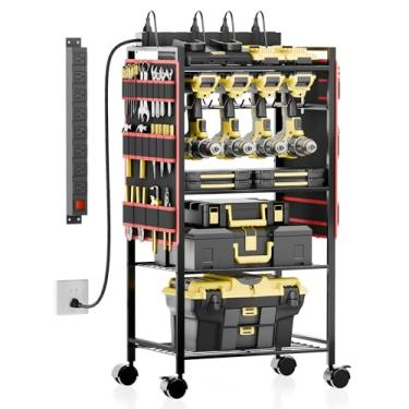 Imagem de CFMASTER Carrinho organizador de ferramentas elétricas de 5 camadas com estação de carregamento – 8 tomadas CA, rack utilitário resistente de 136 kg, suporte de furadeira e carrinho de armazenamento