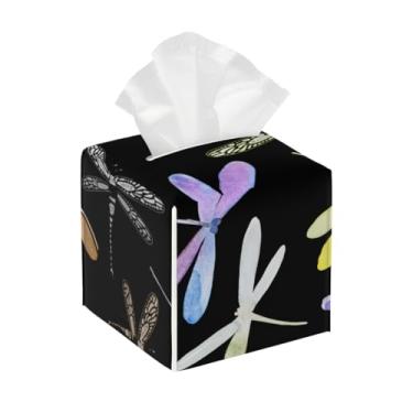 Imagem de Suporte quadrado de couro para caixa de lenços de papel, impermeável, libélula, estampa animal, vintage, organizador de papel facial com cinto inferior, estojo de lenços para mesa, banheiro