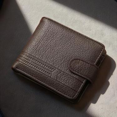Imagem de Carteira masculina dobrável com fecho de pressão, porta-cartões e dinheiro compacto para uso diário, Marrom, Retrô