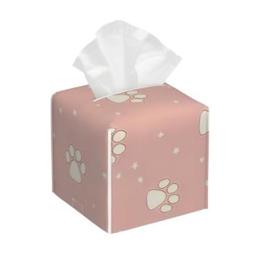 Imagem de Porta-lenços de papel quadrado de couro impermeável com estampa de pata gato rosa organizador de papel facial com cinto inferior cubo estojo de lenços para mesa banheiro escritório mesa carro