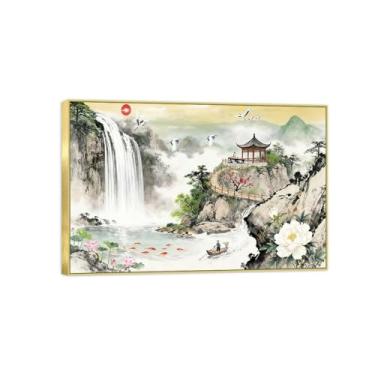 Imagem de Chinoiserie Arte de parede paisagem imagem em tela - montanha cachoeira lago-pintura chinesa impressão moldura dourada para decoração de casa 20x30cm8x12in