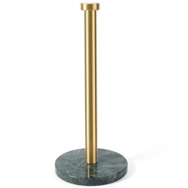 Imagem de Koville Suporte de toalha de papel, suporte de rolo de papel em pé com base de mármore ponderada de 15 cm, suporte de toalha de papel de pedra com haste de aço inoxidável dourada para cozinha e