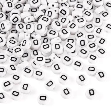 Imagem de FASHEWELRY 500 contas de acrílico letra D 7 x 4 mm a granel contas planas redondas do alfabeto contas maiúsculas para pulseiras da amizade colar brinco fabricação de joias branco preto