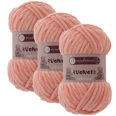 Imagem de Makromecity 3 novelos de fio de veludo 100 g (3,5 oz) / 120 m (132 jardas) fio de chenille premium 100% poliéster, ultra macio, antibolinhas, lavável na máquina, 30 cores para tricô e crochê (salmão