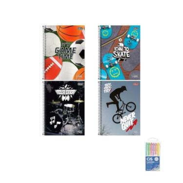 Imagem de Kit Caderno Universitário Vibe Masc Tilibra 10M 160F + Estojo Marca Texto Lumini 6 Cores