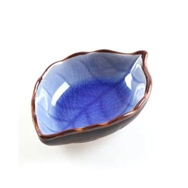 Imagem de prato de lanche Utensílio de cozinha Prato Gelo Crack Glaze Folha Cerâmica Tempero Molho soja Vinagre Pratos pequenos tigela de sopa(Dark Blue)