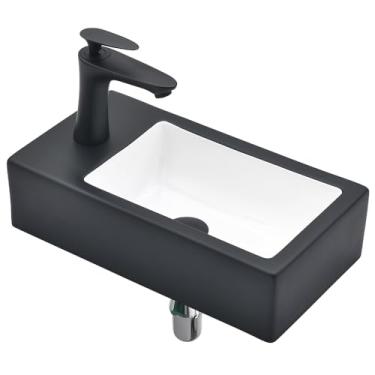 Imagem de Pia de banheiro pequena retangular de montagem na parede - VASOYO 45,7 x 25,4 cm preto e branco com torneira e dreno combinado porcelana cerâmica pia de vaso montado na parede com torneira e conjunto