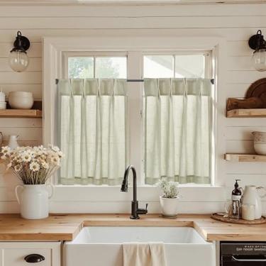 Imagem de jinchan Cortinas de cozinha plissadas Linen Pinch 91 cm 2 painéis, cortinas de linho natural aba traseira Farmhouse Café, cortinas de janela pequena com filtragem de luz para banheiro, lavanderia