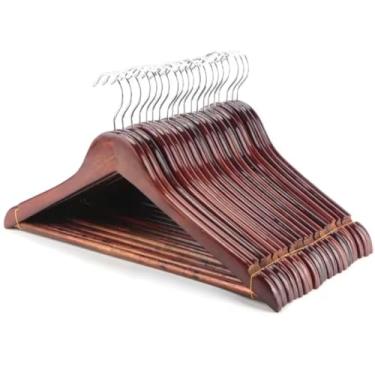 Imagem de Cabides de Madeira Escura, 15 Peças, Gancho Cromado 360°, com Barra para Calças, Acabamento Envernizado