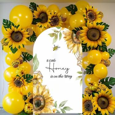 Imagem de Haploquest Capas de arco de abelha de girassol, pano de fundo elástico, um pouco de mel, chá de bebê, tecido reutilizável, fundo de arco, tema de girassol, decoração de festa (GX-2901, 7 x 1,2 m)