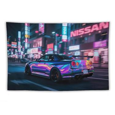 Imagem de HouLaiZhe JDM Tapeçaria de carro Jdm R34 esportes velocidade cidade noite pendurar na parede quarto decoração de casa tapeçarias estética piquenique decoração de parede arte de parede para dormitório