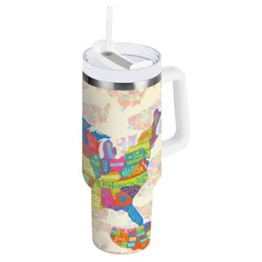 Imagem de Kigai Copo de 1,134 g com alça, copo com isolamento de mapa do mundo colorido com tampa e canudo, garrafa de água esportiva grande de metal, caneca de café de viagem de aço inoxidável