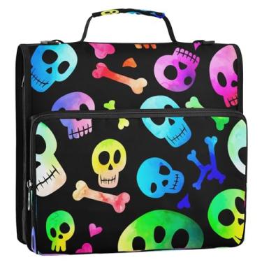 Imagem de Wassud Fichário colorido de caveiras e ossos com zíper com 3 anéis com alça de ombro e alça de vários bolsos, organizador de pastas expansíveis