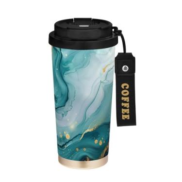 Imagem de YETTASBIN Caneca de café de mármore com isolamento térmico de 482 g com tampa canudo, copo à prova de derramamento e vazamento com alça para bebida quente e fria, garrafa de água de aço inoxidável