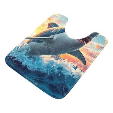 Imagem de Burbuja Tapete de banheiro Shark Breaching, tapete de banho absorvente de pelúcia macio, base antiderrapante para piso de banheiro, oval em forma de U