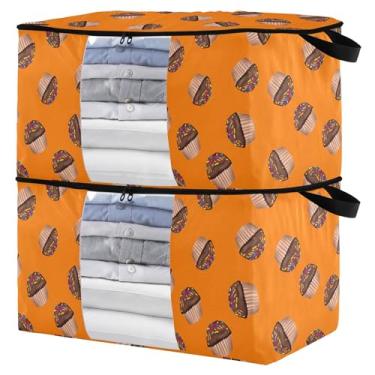 Imagem de Burbuja Bolsa de armazenamento de roupas de cupcakes de chocolate com tampas e alça, embalagem com 2 recipientes de armazenamento de cobertor dobrável com zíper resistente e janela transparente para