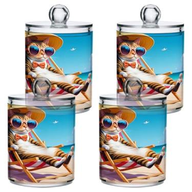 Imagem de STAYTOP 2 frascos de boticário com dispensador Qtip para banheiro com etiquetas – Recipiente de armazenamento Qtip de plástico transparente para bola de algodão, cotonete, grão de café, gato nas