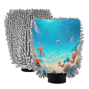 Imagem de STAYTOP Luvas de lavagem de carro estrela-do-mar e conchas de praia, 2 peças, luvas de microfibra de chenille, sem arranhões, panos de esponja de lavagem ultra absorventes para carros, limpeza