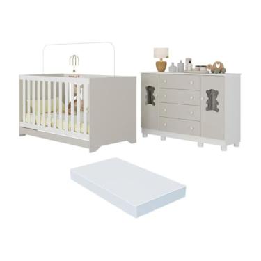 Imagem de Berço Americano 3 em 1 com Colchão Incluso e Cômoda 2 Portas 4 Gavetas Fofura Multimóveis Mp4736 Branco/off White