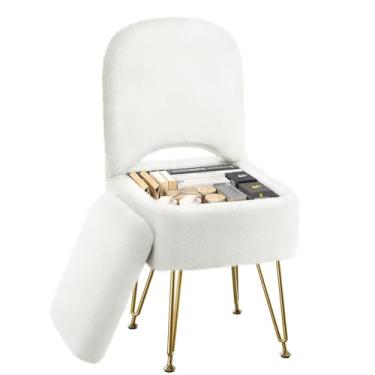 Imagem de GREENSTELL Cadeira Vanity com armazenamento e encosto dobrável, 40 x 42 x 83 cm, pufe macio de pele sintética, 4 pernas de metal com pés antiderrapantes, assento acolchoado peludo para maquiagem