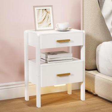 Imagem de Tltaroni Mesa de cabeceira com 2 gavetas e prateleira aberta, mesa de cabeceira de madeira, alças douradas, suporte noturno com luz para quarto, branco