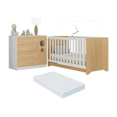 Imagem de Berço Americano 3 em 1 com Colchão Incluso e Cômoda 1 Porta 4 Gavetas Pirulito Multimóveis Mp4715 Branco/madeirado