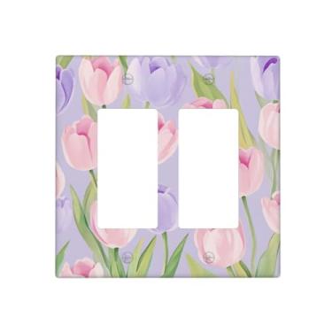 Imagem de Indokyeyqaz Tulipas roxo rosa duplo interruptor interruptor de luz placa decorativa parede placas, 2 placas de interruptor de gangue e capas de tomada 11,7 cm x 11,4 cm para quarto, banheiro, cozinha