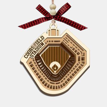 Imagem de CoCray66 Ornamento de madeira do estádio de Denver, enfeite de árvore de Natal de madeira de 4 camadas do estádio de beisebol com laço vermelho e contas, presente de lembrança de viagem para amigos
