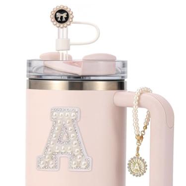 Imagem de 3 peças Stanley Cup Accessories - Capa de canudo para copo de 30 e 1,134 g Topo de palha de silicone de 10 mm, corrente de pingentes iniciais para decoração de alça e adesivo de letra-A