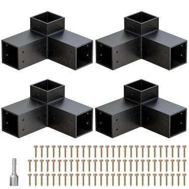 Imagem de Suportes de pérgola, kit de pérgula de 3 vias para serviço pesado para madeira de 10 cm x 10 cm (real 8,9 cm x 8,9 cm), suporte de canto de ângulo reto de 3 vias com revestimento em pó preto