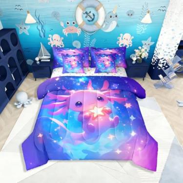 Imagem de Jogo de cama Queen Axolotl 3D Kawaii com 7 peças, céu estrelado, galáxia, desenho animado, salamandra, inclui edredom, conjunto de lençóis, fronhas e fronhas, decoração de quarto do espaço sideral