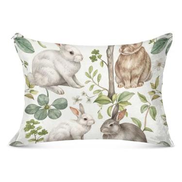 Imagem de Capa de travesseiro vintage com folhas de coelho bege grande de flanela decorativa longa padrão queen size fronhas fofas para decoração de casa, tamanho do corpo, 53 cm x 137 cm