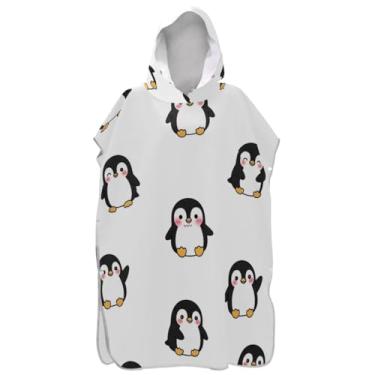 Imagem de Joisal Roupão de mudança de poncho de surfe para Adul toalhas de banho de praia com capuz de secagem rápida ponchos de praia para homens pinguins de desenho animado fofo branco