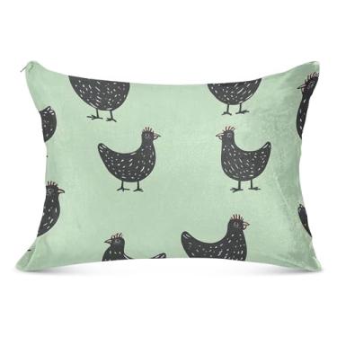 Imagem de Linda fronha de flanela verde galinha preta com zíper para travesseiro padrão Queen King fronha divertida para sofá de cama de casa, tamanho king, 50,8 cm x 101,6 cm