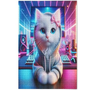 Imagem de Cute White Cat Animal Jigsaw Puzzle 500 Pieces Adults Cartoon Animal Art Nature Puzzles Adults Family Puzzle Lovers Gifts, 500 Pieces, 20.5" x 14.9"