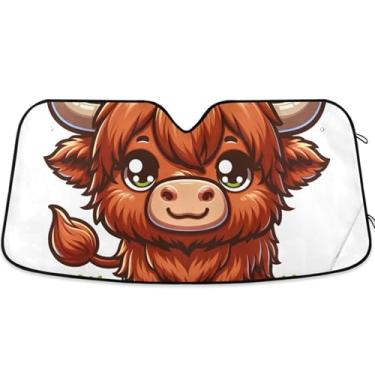 Imagem de Toldo de sol personalizado de gado Highland com desenho fofo para para-brisa de carro retrátil dobrável animal protetor solar automotivo S, 134,6 cm x 59,7 cm