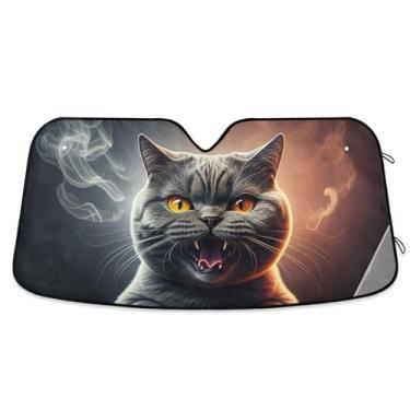 Imagem de Guarda-sol de carro personalizado gato cinzento irritado para para-brisa bonito dobrável pára-brisas automotivo animal floral retrátil M, 139,7 cm x 70,1 cm