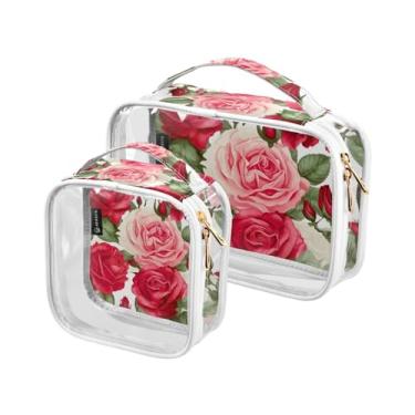 Imagem de GAIGEO Conjunto de 2 sacos de higiene pessoal transparentes, tabuleiro de xadrez verde com margaridas brancas, conjunto de bolsas transparentes para viagem, Estampa de rosas rosas vermelhas - 3, one