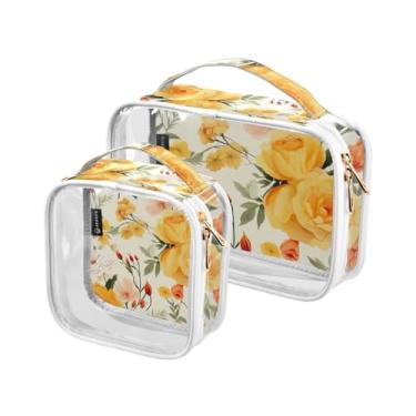Imagem de GAIGEO Conjunto de bolsas de cosméticos transparentes de bolas esportivas, bolsa de cosméticos transparente, acessórios de viagem para cosméticos, pacote com 2, Flores e rosas laranjas florais - 1