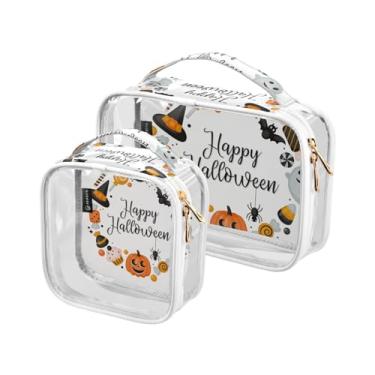 Imagem de GAIGEO Bolsa cosmética transparente para viagem Happy Halloween and Pumpkins, bolsa de higiene para carro, bolsa de maquiagem feminina, pacote com 2, Faixa de Natal de Halloween Candy Corn, one size