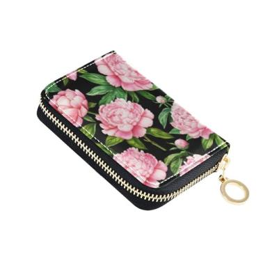 Imagem de Carteira feminina de couro com bloqueio de RFID, carteira de dinheiro pequena para viagem com bolso para moedas, flores ornamentadas rosa peônia floral