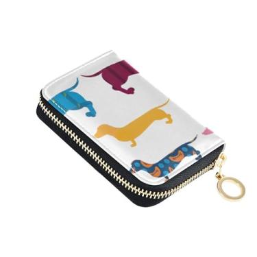 Imagem de Carteira de cartão de crédito com bloqueio de RFID, carteira feminina de couro pequeno com zíper, carteira de viagem com chaveiro, cães dachshund coloridos