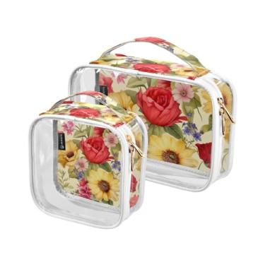 Imagem de Papel de parede floral em preto com aquarela sacos de viagem de plástico transparente com zíper, bolsa de maquiagem para meninas, pacote com 2, 3D com flores em bege - 3, one size