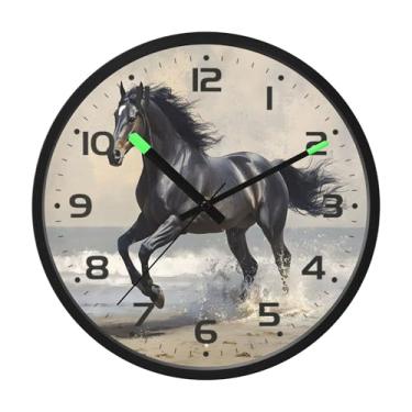 Imagem de SEHANY Relógio de parede artístico majestoso cavalos silencioso, sem tique-taque, relógio redondo operado por bateria, controle de som, luz noturna, relógios de parede para sala de estar, cozinha