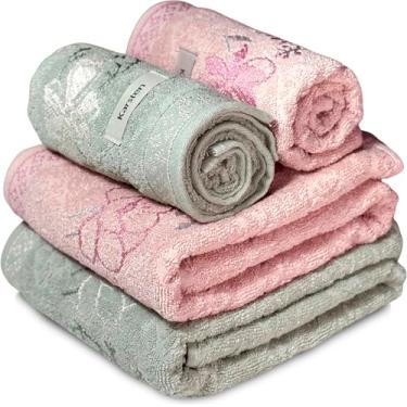 Imagem de Jogo de Toalhas de Banho Yuna 100% Algodão - Barra Floral Brilho Grossa Macia Antipilling Jacquard - 4 Peças (Verde/Rosa)